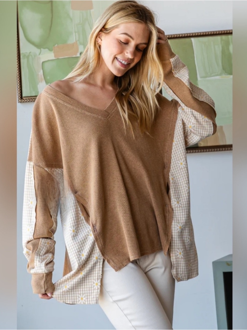 New: Oli & Hali Boho Daisy Panels V-Neckline Relaxed Fit Long Sleeve Top: Large